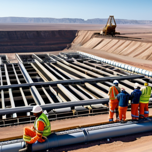Home 4 A professional, fully clothed team of engineers and technicians, wearing appropriate safety attire, overseeing a modern, large-scale mining operation in a vast, arid desert landscape under a clear sky. In the far distance, a subtle outline of an offshore gas platform is visible, symbolizing energy development. The scene captures a sense of industrial progress and national development, safe for work, appropriate content, modest clothing, perfect anatomy, correct proportions, natural pose, well-formed hands, proper finger count, natural body proportions, professional photography, high quality, family-friendly.