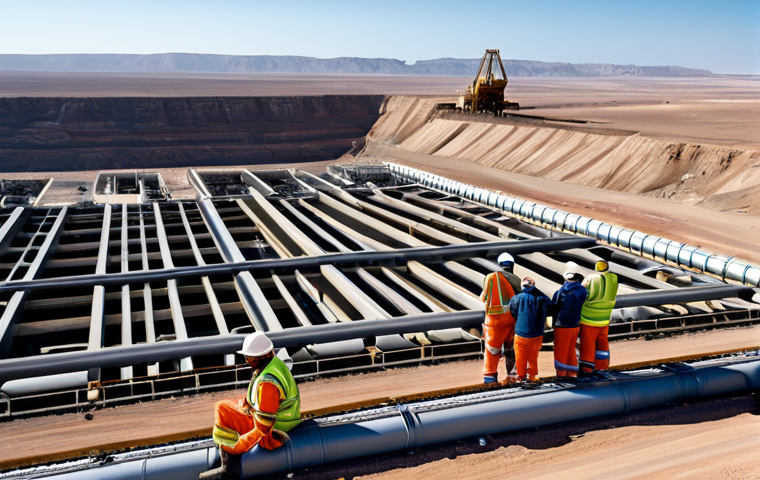 A professional, fully clothed team of engineers and technicians, wearing appropriate safety attire, overseeing a modern, large-scale mining operation in a vast, arid desert landscape under a clear sky. In the far distance, a subtle outline of an offshore gas platform is visible, symbolizing energy development. The scene captures a sense of industrial progress and national development, safe for work, appropriate content, modest clothing, perfect anatomy, correct proportions, natural pose, well-formed hands, proper finger count, natural body proportions, professional photography, high quality, family-friendly.