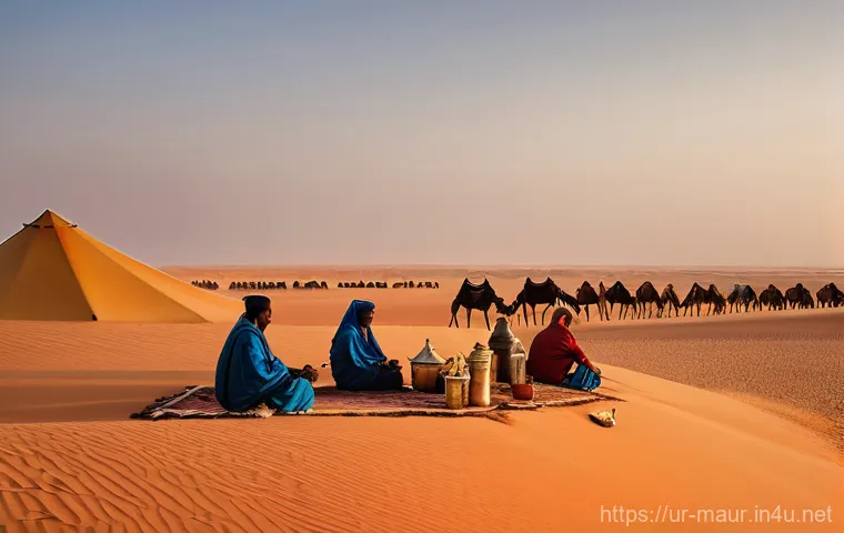 모리타니 유목 생활 - Prompt 1: Enchanting Desert Morning Rituals**
