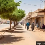 Home 17 모리타니 기후 변화 영향 - A detailed urban scene in Nouakchott, Mauritania, showcasing the urban heat island effect under a sc...