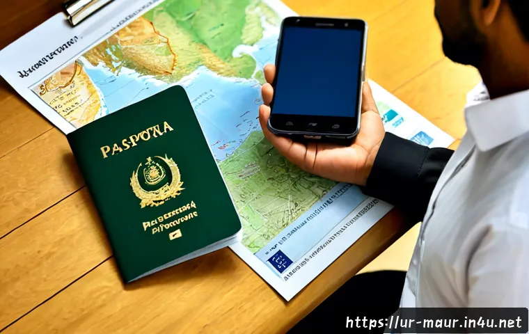 Home 13 모리타니 비자 발급 정보 - Photorealistic Pakistani Muslim couple in modest contemporary clothing consulting a Mauritania trave...