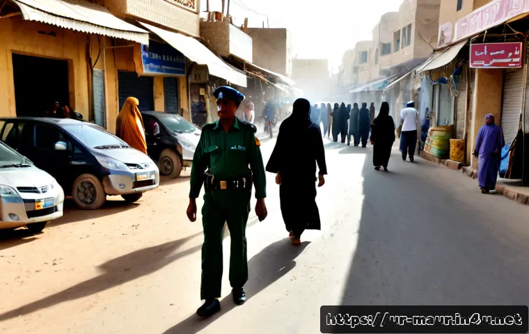 모리타니 치안 상황 - Photorealistic wide street scene in Nouakchott, Mauritania, with uniformed community police calmly g...